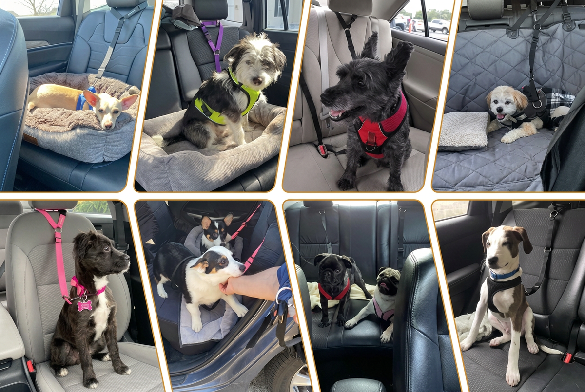 Enhanced dog seat belt collage