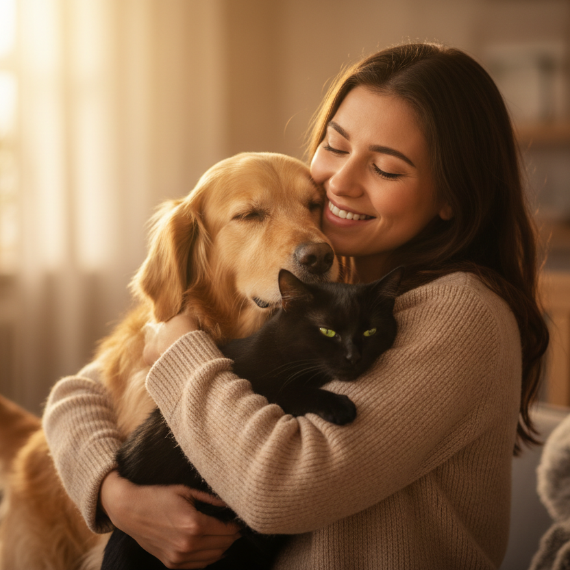 generate an imagen where a person hugs a dog and a green eye cat on warm background, emotions(care and joy)